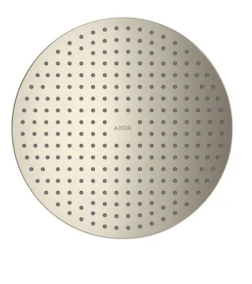 Kreisförmige Kopfbrause mit gleichmäßig verteilten Düsen in brushed Nickel, markiert mit dem Logo von AXOR, für Deckenmontage geeignet.